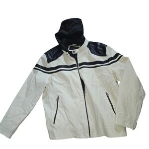 Wilsons Cycle Mens XXL Faux Leather Moto Jacket Cream Black Hooded Cafe Racer